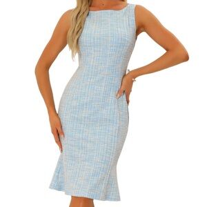 Allegra K Tweed Sleeveless Elegant Plaid Midi Fishtail Dress, Blue